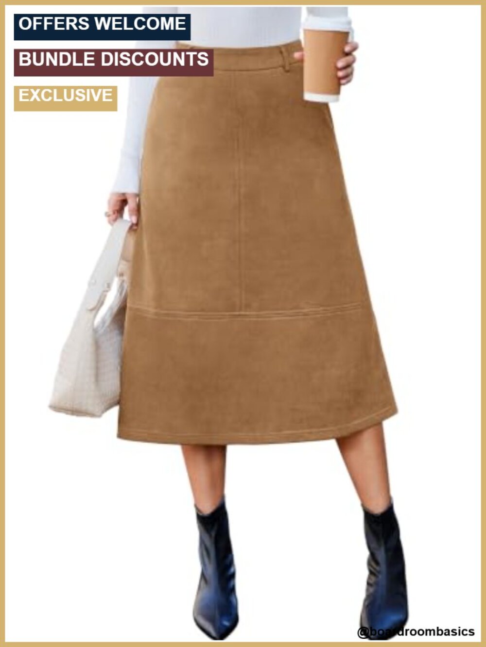 Faux Suede A-Line Midi Skirt High Waisted with Pockets Fall Outfit